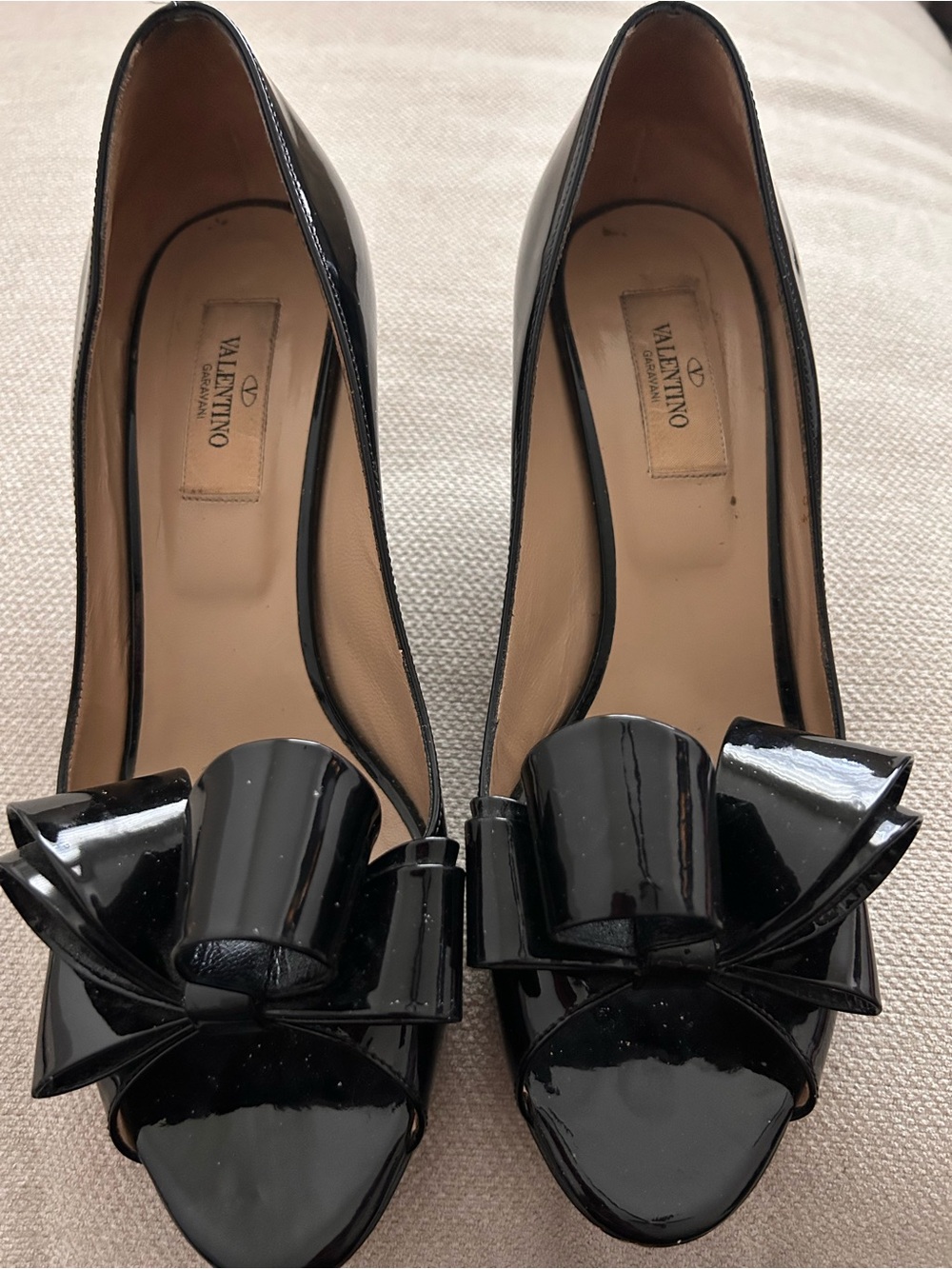 Valentino Black Patent Leather Bow Peep-Toe Pumps with Statement Bow